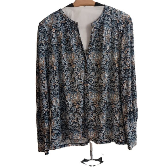 Lucky Brand Women’s Blue Printed V-Neck Jersey Top Button Front Size Large - Picture 1 of 16